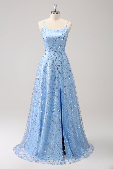 Scintillante blu Spaghetti Straps paillettes Lace Up Back Abito da damigella d'onore con fessura